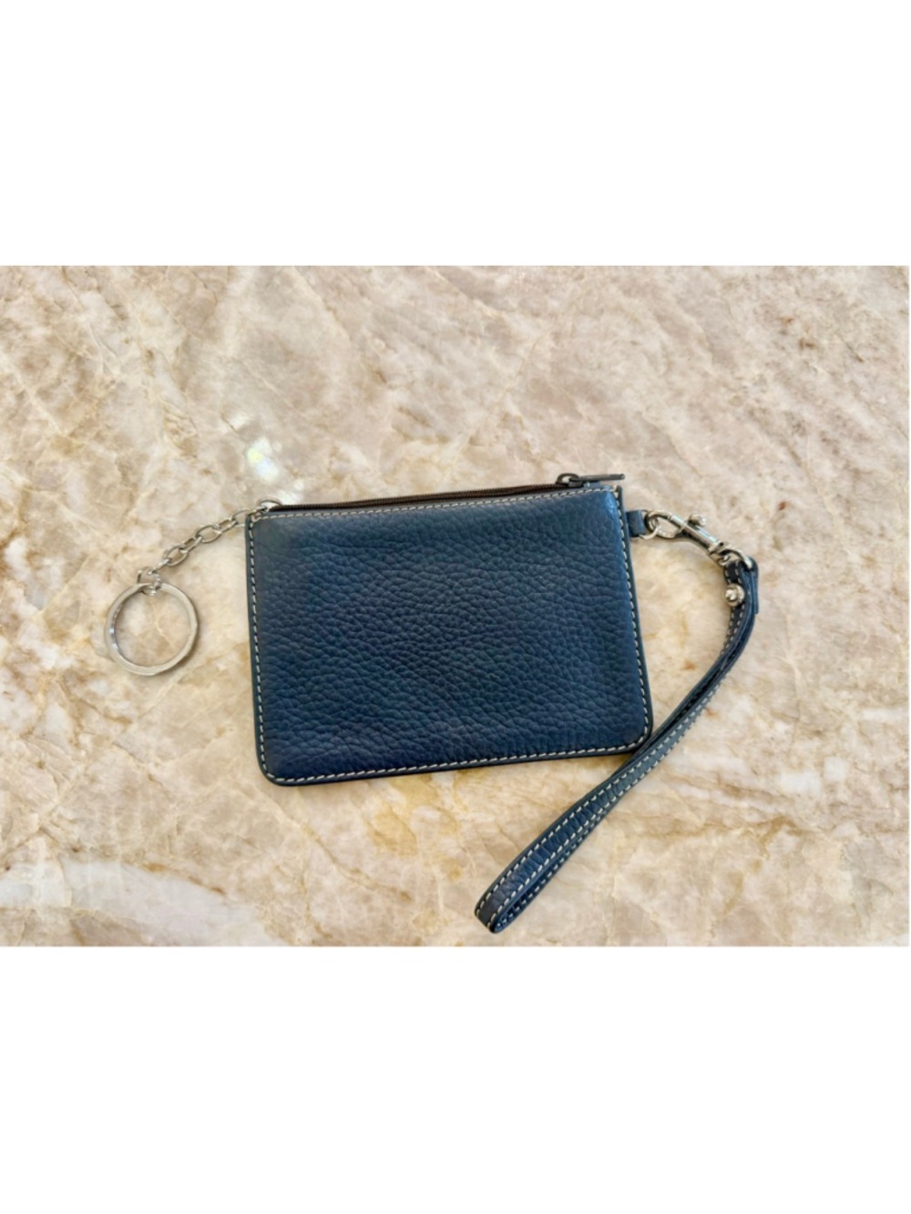 Dooney & Bourke Navy Leather Wristlet, silver hardware, key ring pebble leather